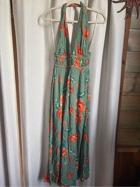 Sleeveless Halter Floral Maxi Dress - Green with Orange Blooms